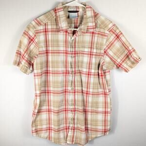 Columbia Sportswear Shirt Small Plaid Short Sleeve Button Front Cotton Beige Red